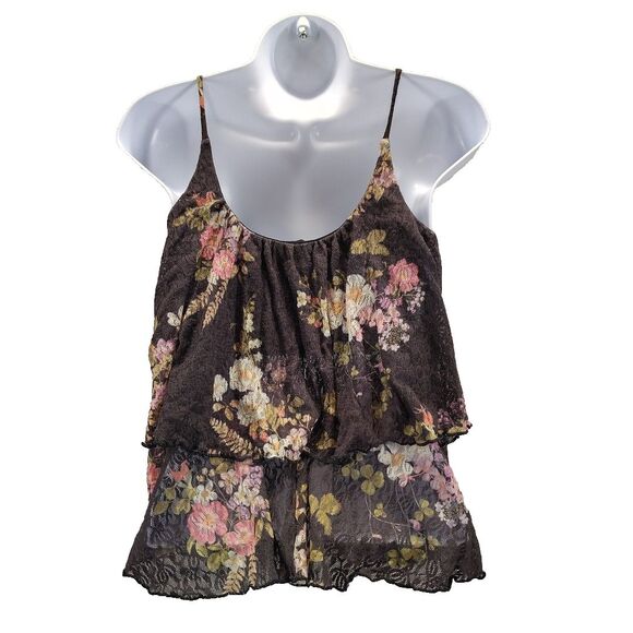 Wet Seal Women Sheer Lace Babydoll Top Floral Black Tier Tank Top Sz L Coquette - Picture 7 of 8